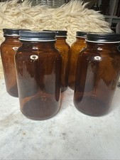 5 Vintage Merck Amber Glass Apothecary Bottles Jars 5.5" Stamped Cross Lid