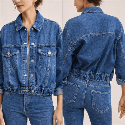 Mango MNG Committed Oversized Denim Jacket Elastic Hem Womens Small NEW