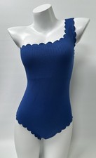 Aerie Full Coverage One Shoulder Scalloped Waffle Blue One Piece Swimsuit Medium