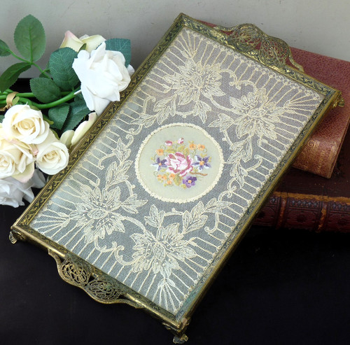 Vintage petit point tray Embroidered flowers Lace & filigree handles 