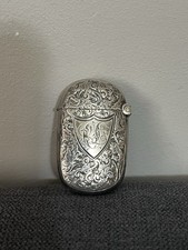 Sterling Silver Engraved Vesta Match Case, Hinged Lid, Striker, Cartouche 18.71g