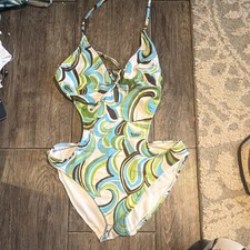 Geometric Cut-Out Halter One Piece Swimsuit Multicolor Adjustable M