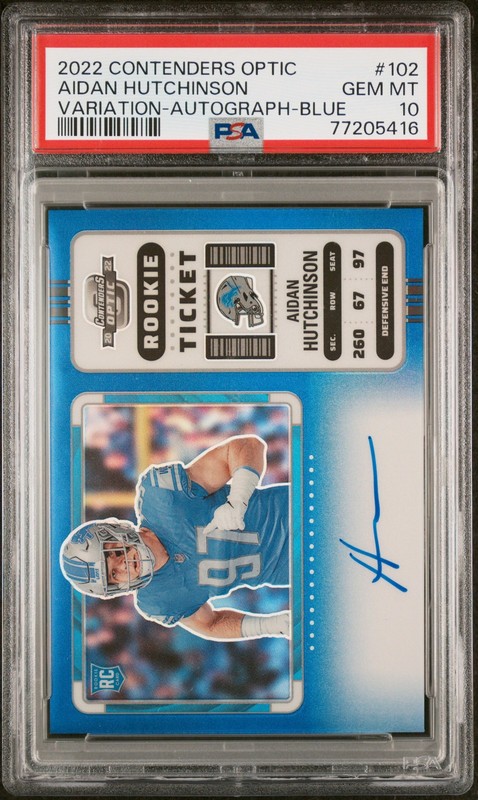 2022 Panini Contenders Optic #102 Aidan Hutchinson Vari. Auto-Blue /25 RC PSA 10