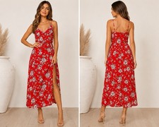 Lulus Red Floral Midi Dress Size L Spaghetti Strap V Neck Side Slit