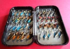 A VERY GOOD HARDY NERODA NO.1 ARTIFICIAL SALMON FLY BOX WITH 40 HOLDTITE CLIPS