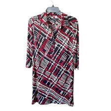 Nine West 3/4 sleeve stretch v-neck houndstooth dress knee length 8 red black