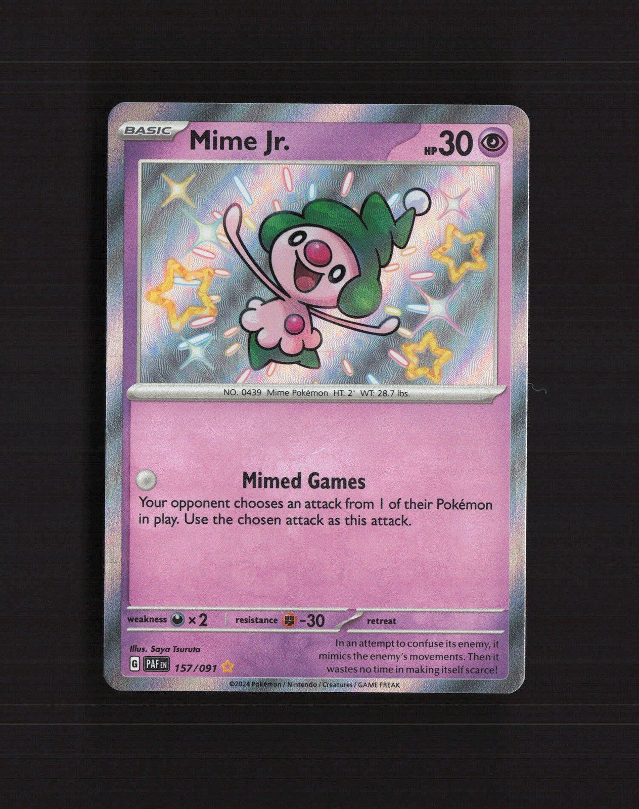 Mime Jr. 157/091 Paldean Fates Shiny Rare Holo Pokemon Card NM