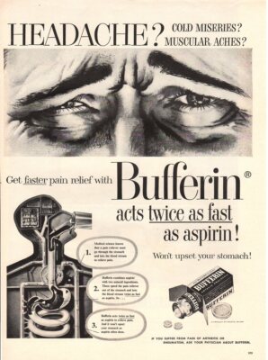 Vintage advertising print ad Health BUFFERIN Headache Cold Miseries eyes art 57