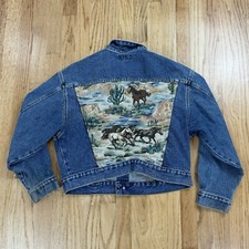 Vtg 90s Guess Denim Jacket Needle Work Horses Made In Usa Womens Sz Large