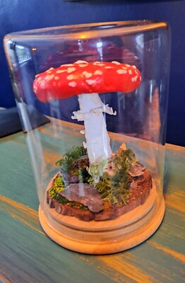 handgefertigte Pilzskulptur Fliegenpilz Fimo in Display Cloche