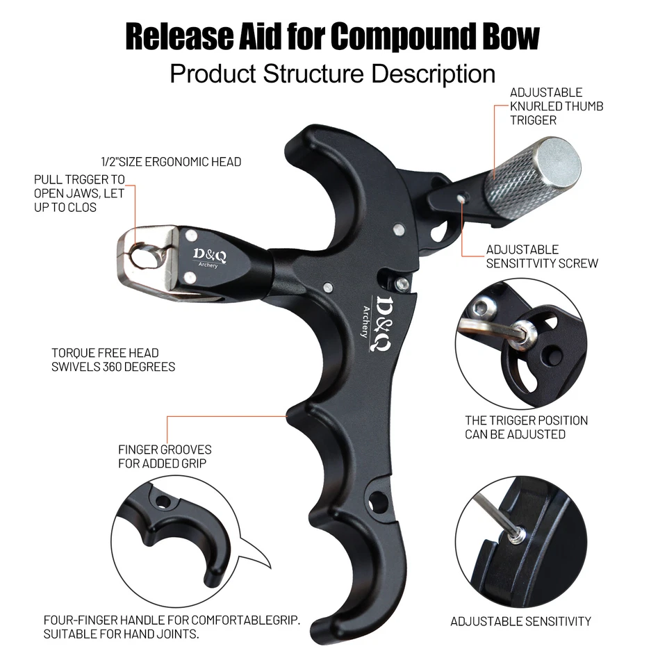 4 Finger Archery Release Aids Thumb Trigger D Loop Ring Compound Bow Hunt Shoot - Image 2 of 4