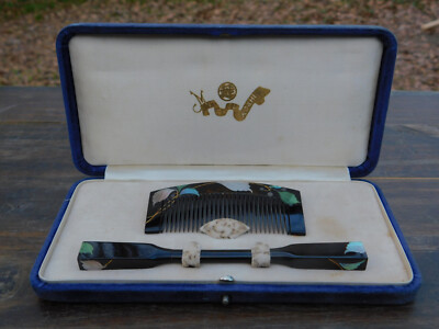 Japanese Kushi Hair Comb Set Kimono Kougai Iridescent Mother of Pearl Set & Case