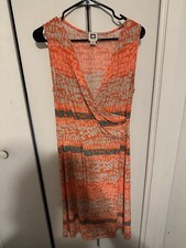 Anne Klein Women's Orange Print Stretch Surplice Style Sleeveless Dress M