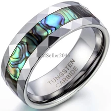 8mm Abalone Shell Inlay Mens Multi-faceted Tungsten Carbide Wedding Band 7-13