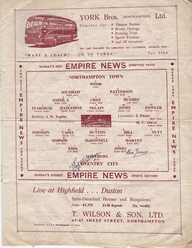 NORTHAMPTON TOWN V COVENTRY CITY FA CUP 1ST RD ~ 20 DE NOVIEMBRE DE 1954 ~ 2 COCHES DE CIUDAD - Imagen 3 de 5