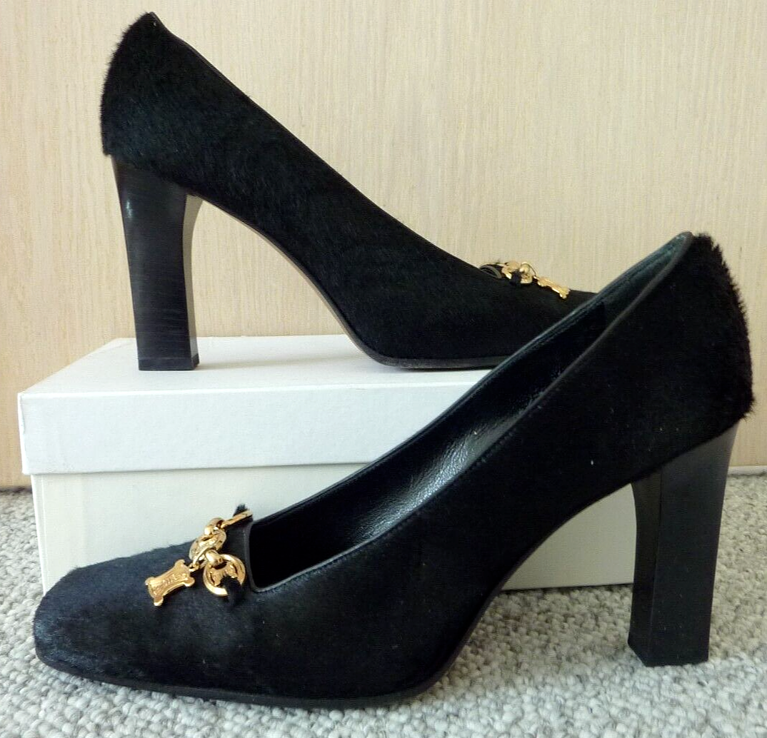 PANTOFOLA D’ORO Scarpe ciondenti Celine donna capelli pony tacco in legno pelle logo oro $750 taglia 40 10