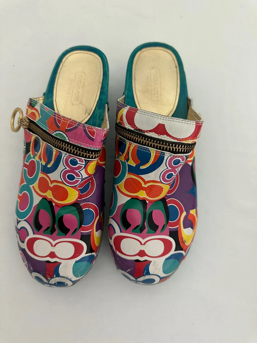 Coach Jessi Monogram Multicolor Leather Teal Heels Clogs Mules