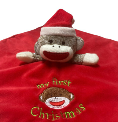 1st Christmas Sock Monkey Baby Starters Plush Lovey Security Blanket Rattle  Red - Main Image