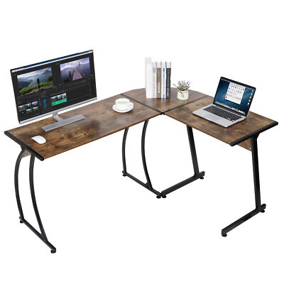 58'' L-Shaped Gaming Desk Corner Computer Desk PC Laptop Table Workstation Brown