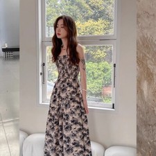 Lady Adjustable Strap Dresses Spaghetti Strappy Dress Off Shoulder Splice Floral