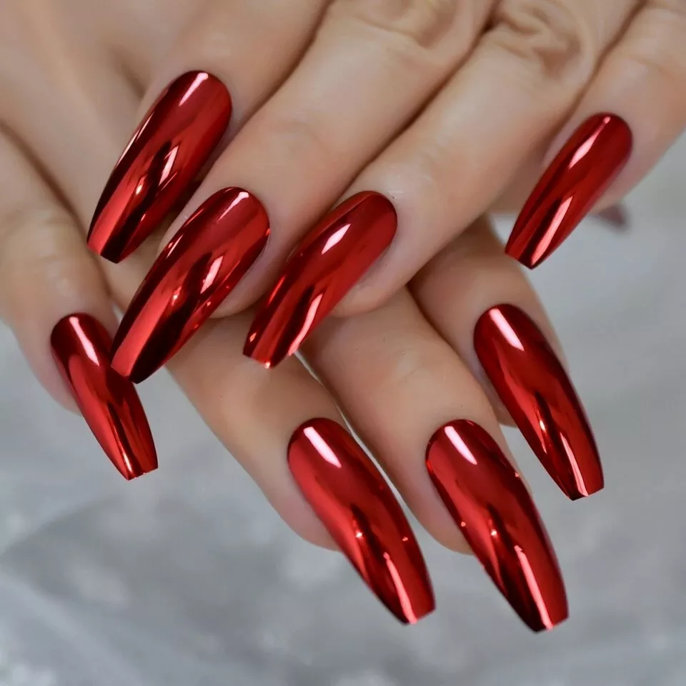 RED CHROME Press On Nails Metallic shiny Glue On Kit extra long