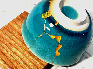 Kintsugi Style Japanese Repair Technique,turquoise crackle tea cup,sea glass, VG