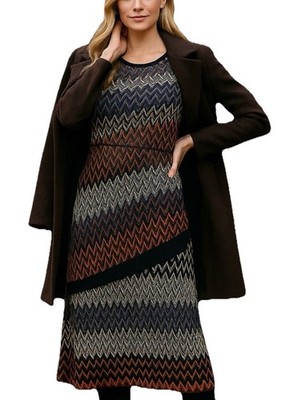 NIC+ZOE Chevron Knit Dress Size L Multicolor Long Sleeve Scoop Neck Lined Fall