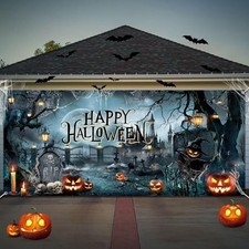 Happy Halloween Garage Door Cover Decorations - Large - 7x16 ft Halloween Tomb