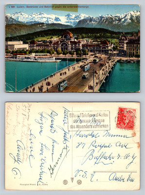 Luzern Seebrücke und Bahnhof Unterwaldenberge Postcard Vintage Switzerland View