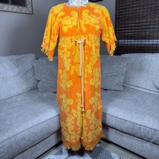 Vintage Cannon Monticello Terry Cloth Robe Orange Yellow Floral Fringe Maxi USA