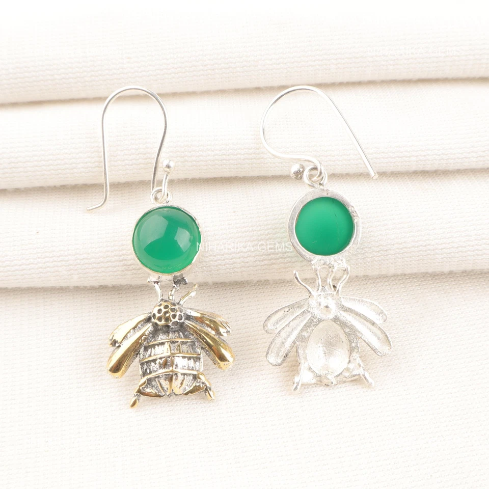 925 Argento Rotondo Verde Naturale Onice Cab Pendenti a Mano Orecchini Gioielli - Immagine 3 di 4