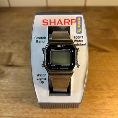 Vintage SHARP 100ft Water Resistant Stretch Band Lights Up Start/Stop Watch NIB