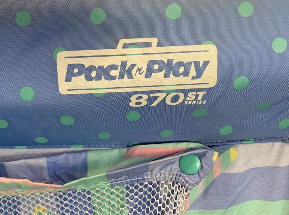 Bolígrafo y estuche de viaje vintage años 90 Graco Pack n Play serie 870 azul y verde Foto 4 de 4