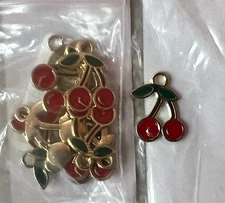 PEPPERLONELY 10PC Gold-Plated Enamel Alloy Red Cherry Charms Pendants 18x16mm