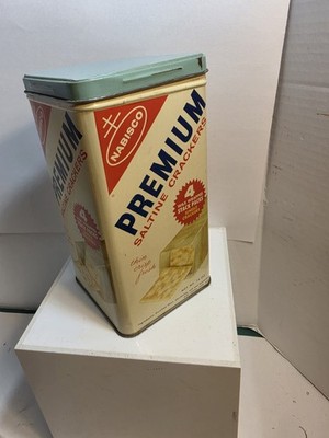 Vintage Nabisco Premium Saltine Crackers Tin 14 oz Blue Lid Bilingual USA No UPC