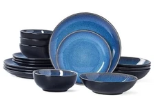 Plates and Bowls Sets for 4 -  16-Piece Stoneware Service for 4(16pcs) Blue