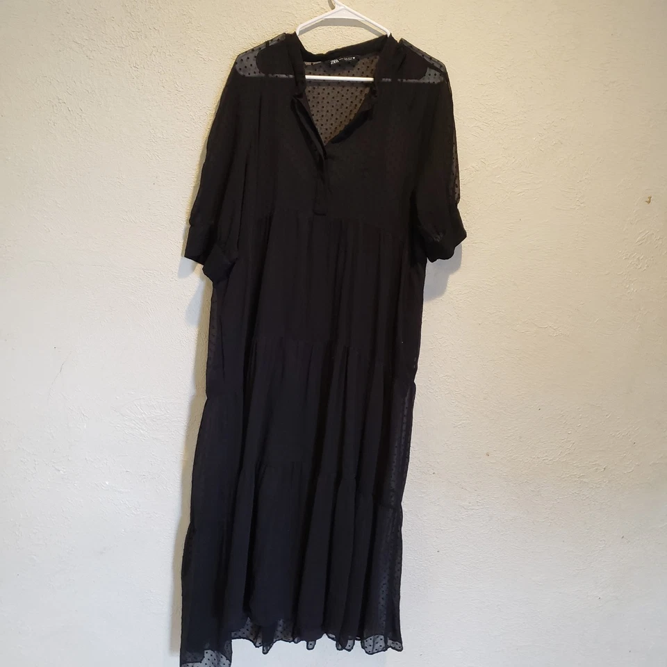 Zara Swiss Dot Long Sleeve Tiered Smocked Maxi Dress Black X Large - Image 2 of 4
