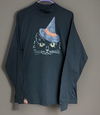 Woman  s Black Witch Cat Halloween Long Sleeve Shirt, Size Medium