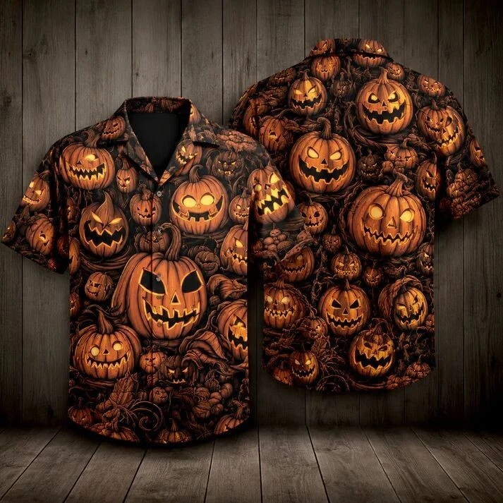 Midnight Pumpkin Parade Halloween Hawaiian Shirt Men Casual Short Sleeve Button