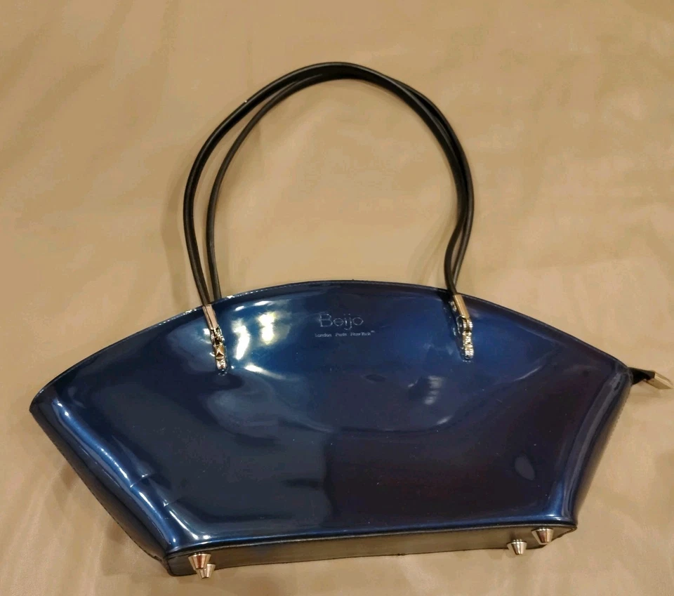 Bolso de Mano BEIJO Y2k Patente Azul Cobalto Doble Asas Cremallera Cierre Superior B66 Foto 3 de 4