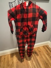 Cat  Jack Red Buffalo Plaid One Piece Pajamas With Hood Boys Size 6 Holiday Fit