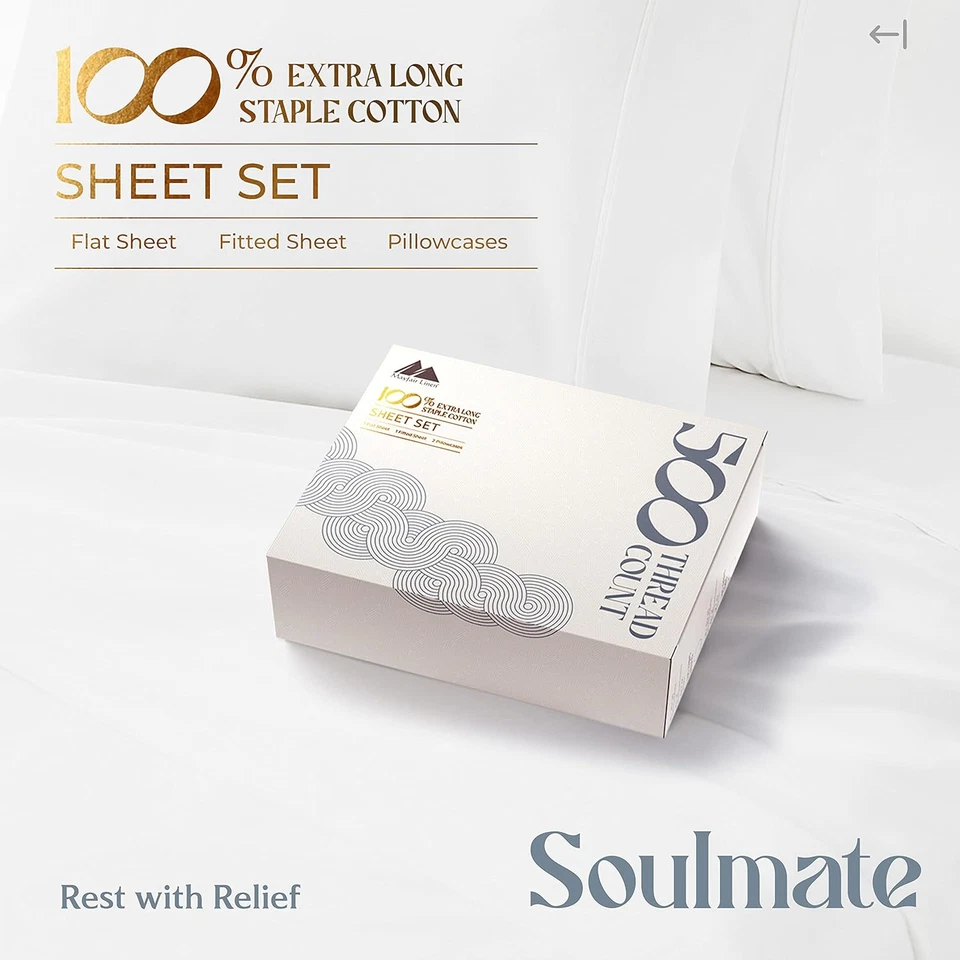 Juegos de sábanas dobles de algodón - 500 hilos 100 % algodón sábanas gemelas, 3 piezas (blanco), Foto 4 de 4