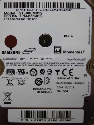 500 GB Samsung ST500LM012 / C7673-G12A-CSGDP / 10/2012 / M8_REV.03 *