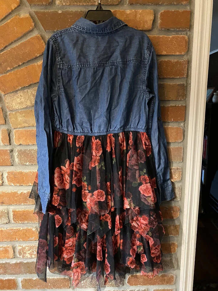 Justice kids gitls 牛仔蓬蓬裙连衣裙女孩花卉玫瑰黑色粉红色红色 12 码 — 第 2/4 张图片