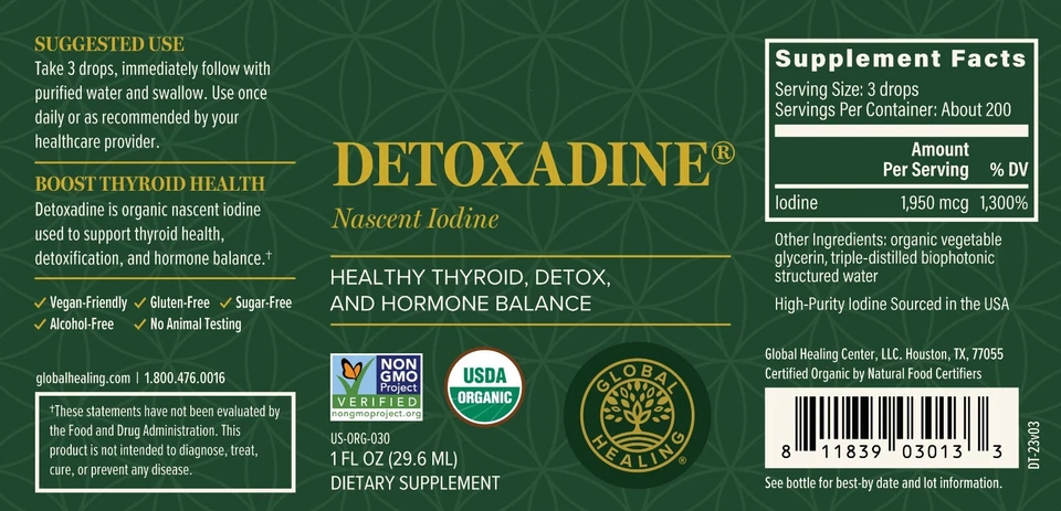 Suplemento de yodo naciente Global Healing Detoxadine para soporte de tiroides, 1 fl oz Foto 2 de 4
