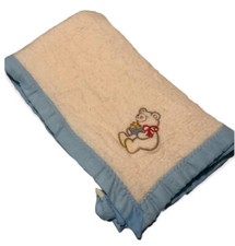 Vintage Gerber Always Baby Blanket Satin Trim Embroidered Bear 36" x 45" USA