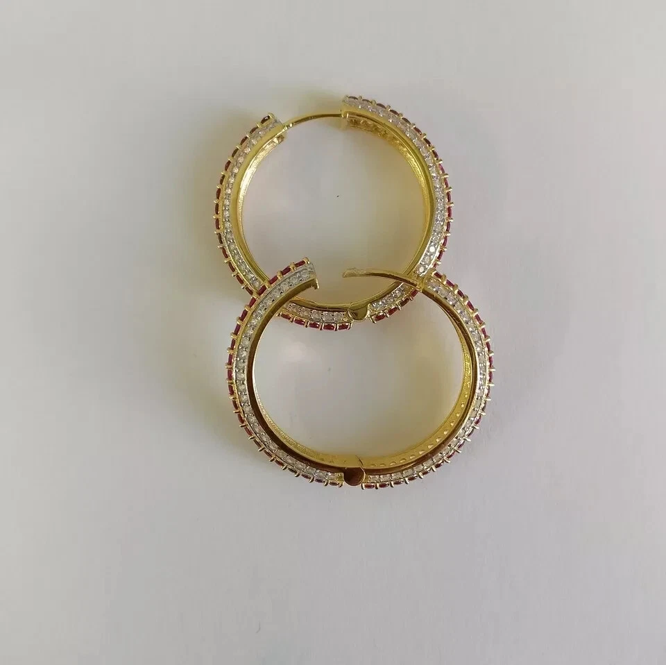 2Ct Round Cut Lab-Created Red Ruby Huggie Hoop Earrings 14K Yellow Gold Plated - Image 3 of 4