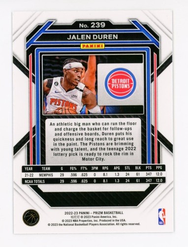 Tarjeta de novato 2022-23 Panini Prizm 239 Jalen Duren - Imagen 2 de 2