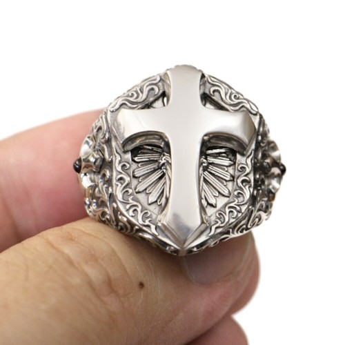 925 Sterling Silver Cross Shield Ring CZ Stone Biker Cross TA471C UK Size P½~Z5 - Picture 16 of 27