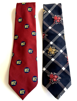 Vtg Ties Ritz Crackers & Flowers Wide 1970's Lot of 2 Blue Red Plaid Kitsch